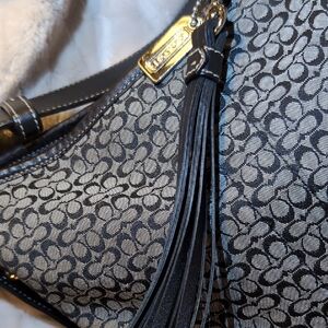 Coach Black and Gray Signature Shoulder Bag with Tassel